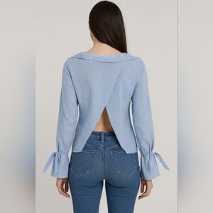 Blue Striped Open-Back Blouse with Tie Sleeves – Cameo Rose